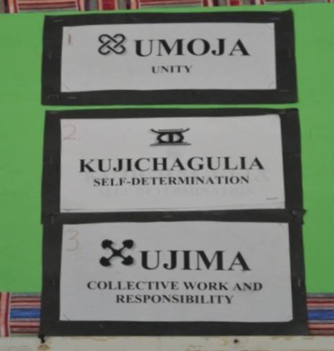 Das Leitbild und Programm der Africentric School basieren auf der Kwanzaa Philosophie von Maulana Karenga, der African Studies in Los Angeles (USA) lehrt. Er formulierte sieben „Nguzo Saba Prinzipien“: Umoja (Unity), Kujichagulia (Self determination), Ujima (Collective Work and Responsibility), Nia (Purpose), Ujamaa (Cooperative Economics), Imani (Faith) und Kuumba (Creativity). Das Foto zeigt Plakate, die drei dieser Prinzipien mit Symbolen veranschaulichen und die in einem Klassenzimmer aufgehängt waren.  